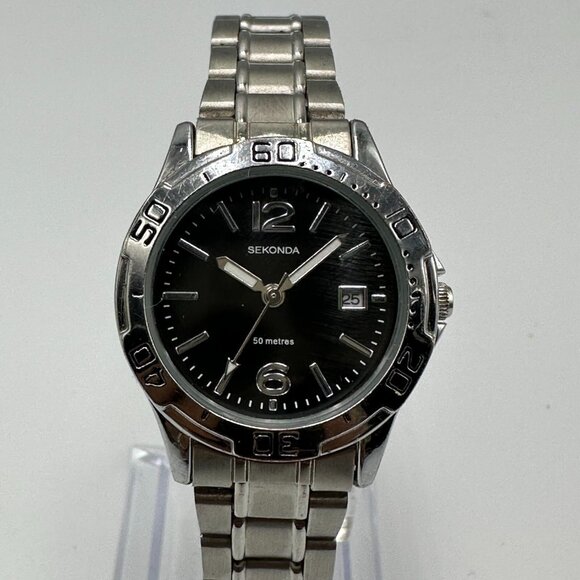 Sekonda Watch Women Silver Tone Black Dial Date Window 28MM New Battery - Picture 1 of 12
